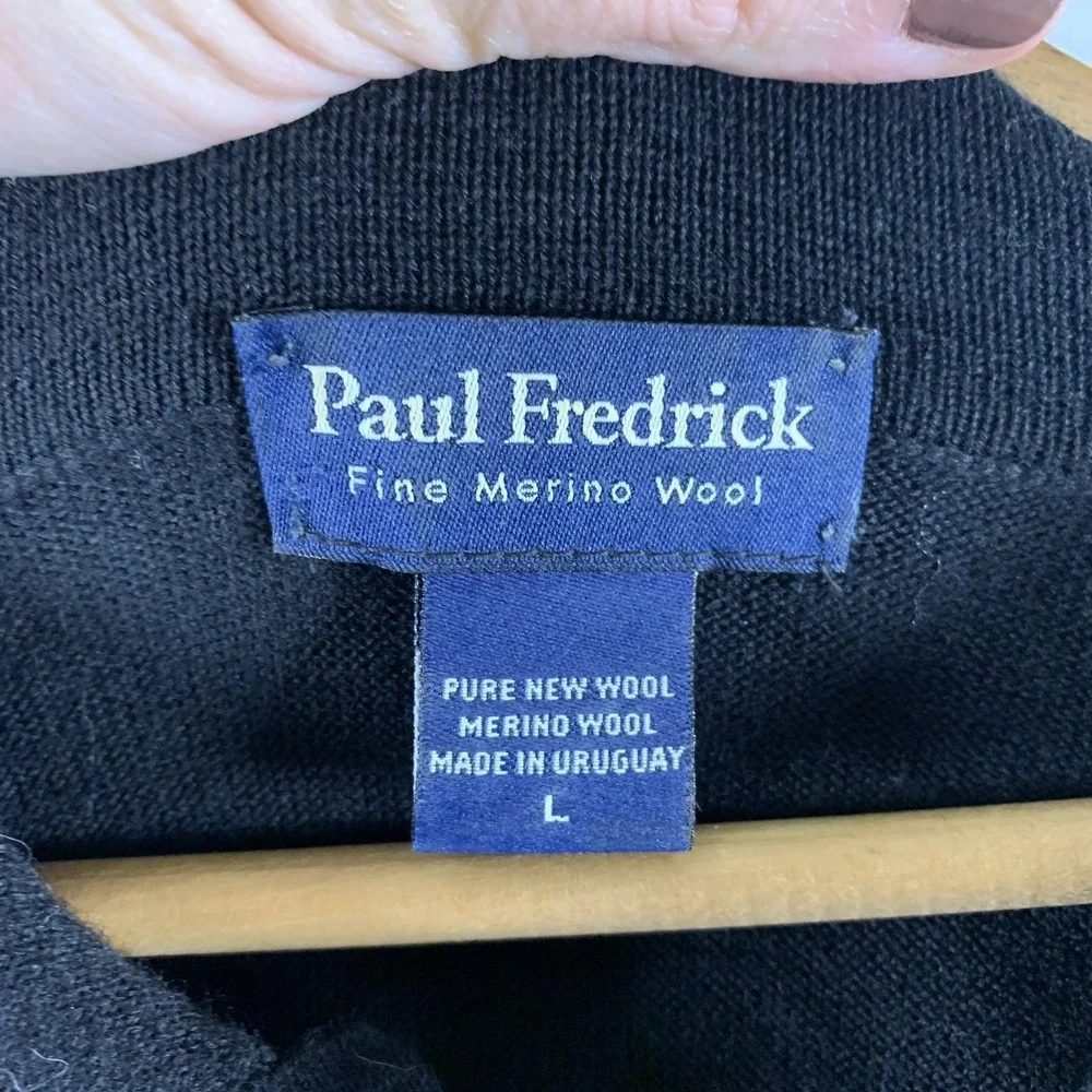 Paul Fredrick Mens Fine Merino Wool Polo Sweater Size L Black Lightweight Preppy